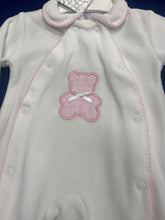 Load image into Gallery viewer, PEX polka teddy sleepsuit with pink trim
