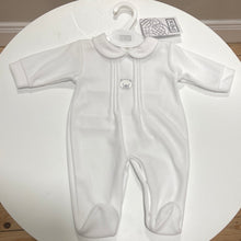 Load image into Gallery viewer, PEX baby boy, Teddy bear detail white sleep-suit suitable for after Christening
