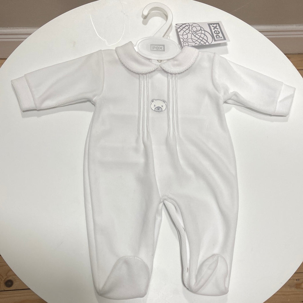 PEX baby boy, Teddy bear detail white sleep-suit suitable for after Christening