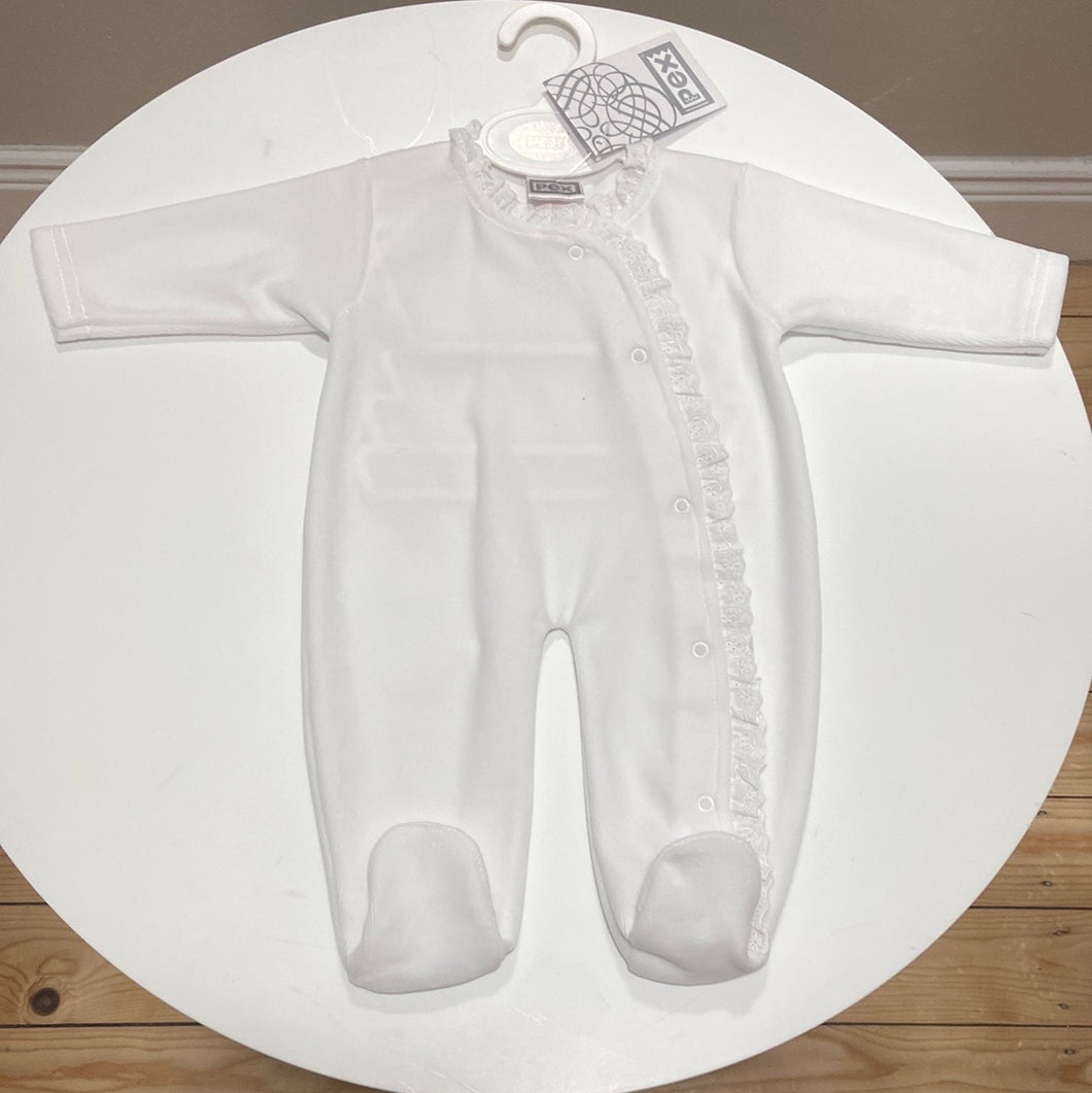 PEX baby girl lace trim sleep suit - white suitable for after Christening