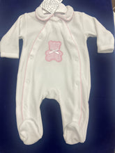 Load image into Gallery viewer, PEX polka teddy sleepsuit with pink trim
