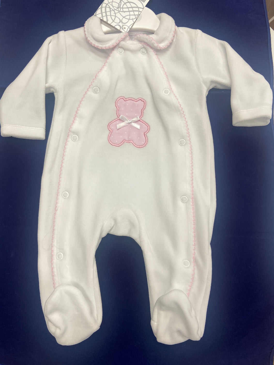 PEX polka teddy sleepsuit with pink trim