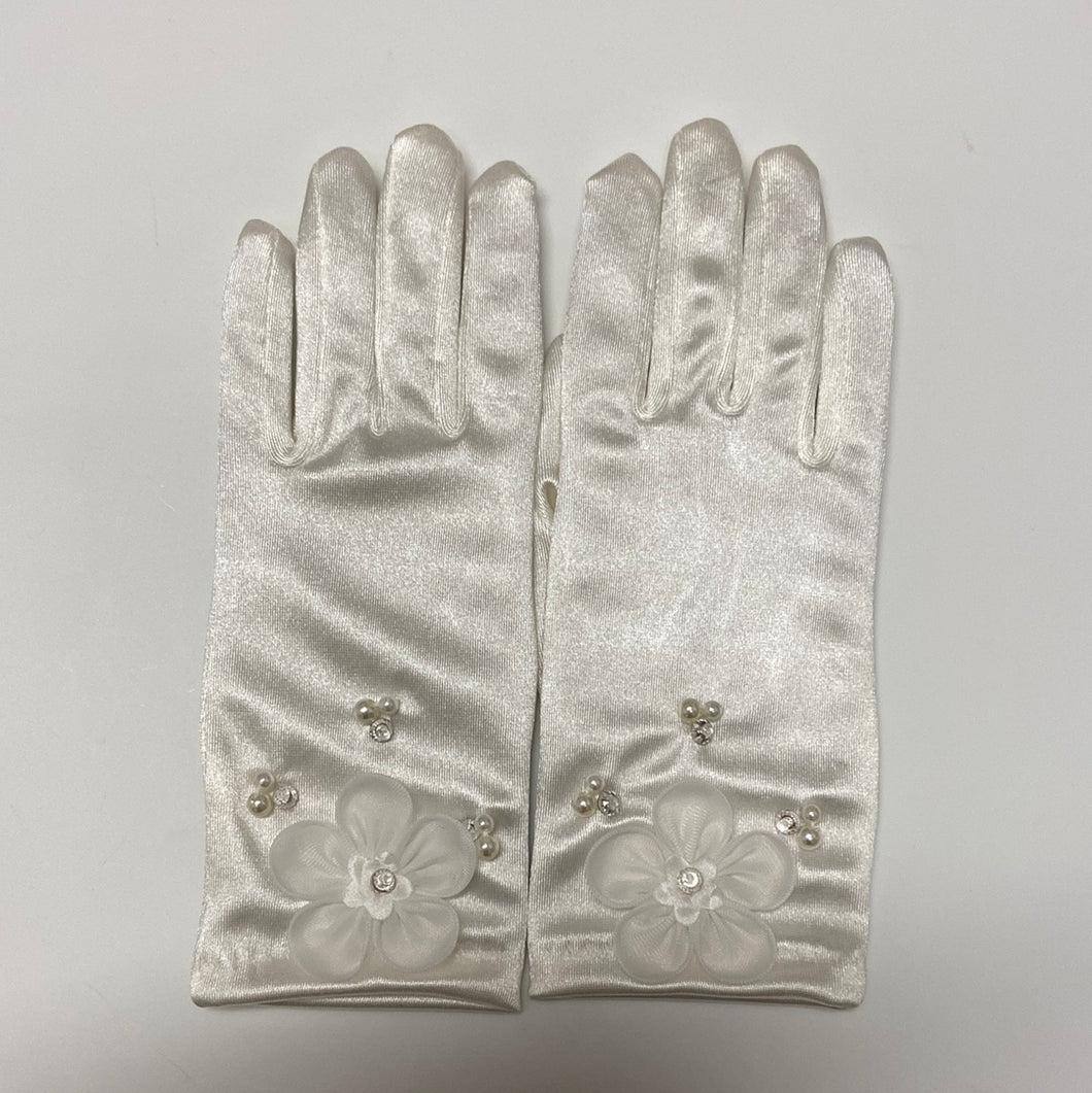 Girls Holy communion ivory gloves with flower,Pearl and bead embellishment