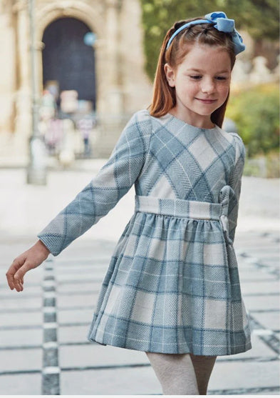 Mayoral younger & older girl plaid  Dress 4910 colour bluebell