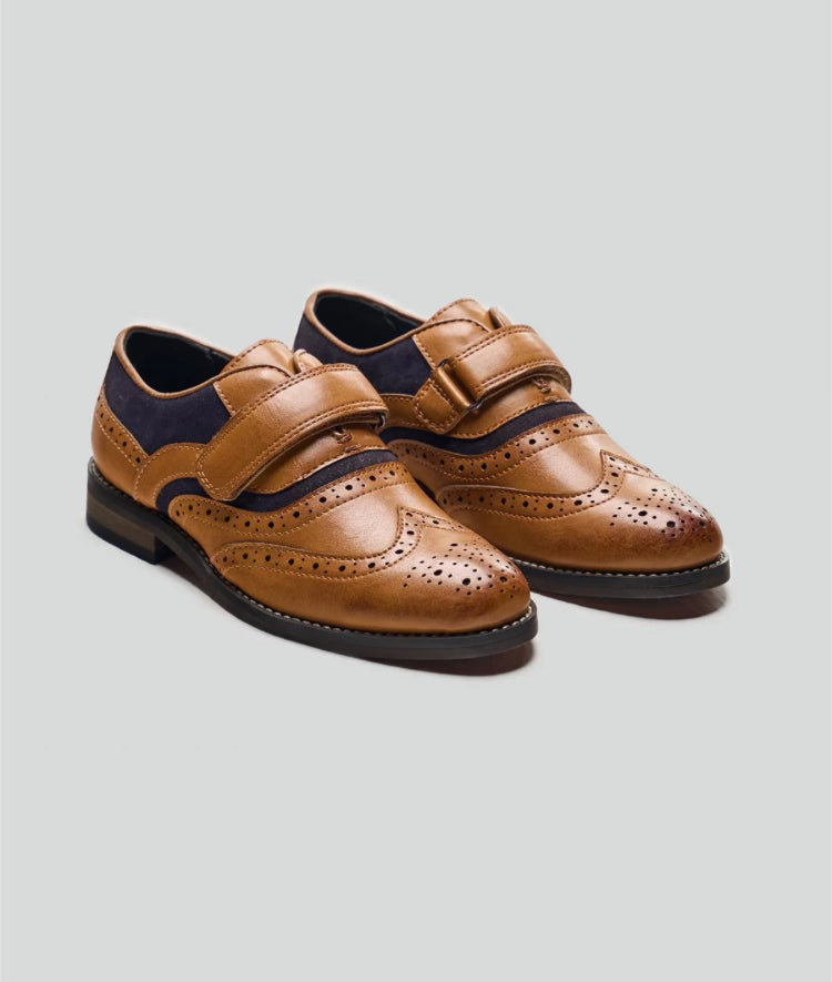 Boys shoe - Russell by Cavani - Tan/Navy with strap for easy fastening.