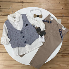 Load image into Gallery viewer, Boys Hashtag waistcoat, shirt, trouser set with braces and bow tie 8833
