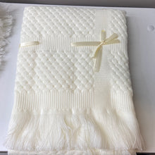 Load image into Gallery viewer, Beautiful fringed shawl with threaded  ribbon detail unisex Christening Shawl
