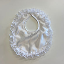 Load image into Gallery viewer, Baby girl white satin frill bib Flowergirl, Christening.
