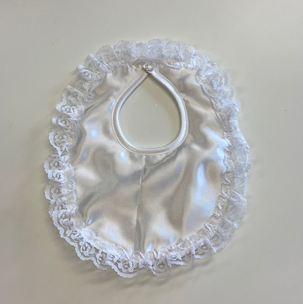 Baby girl white satin frill bib Flowergirl, Christening.