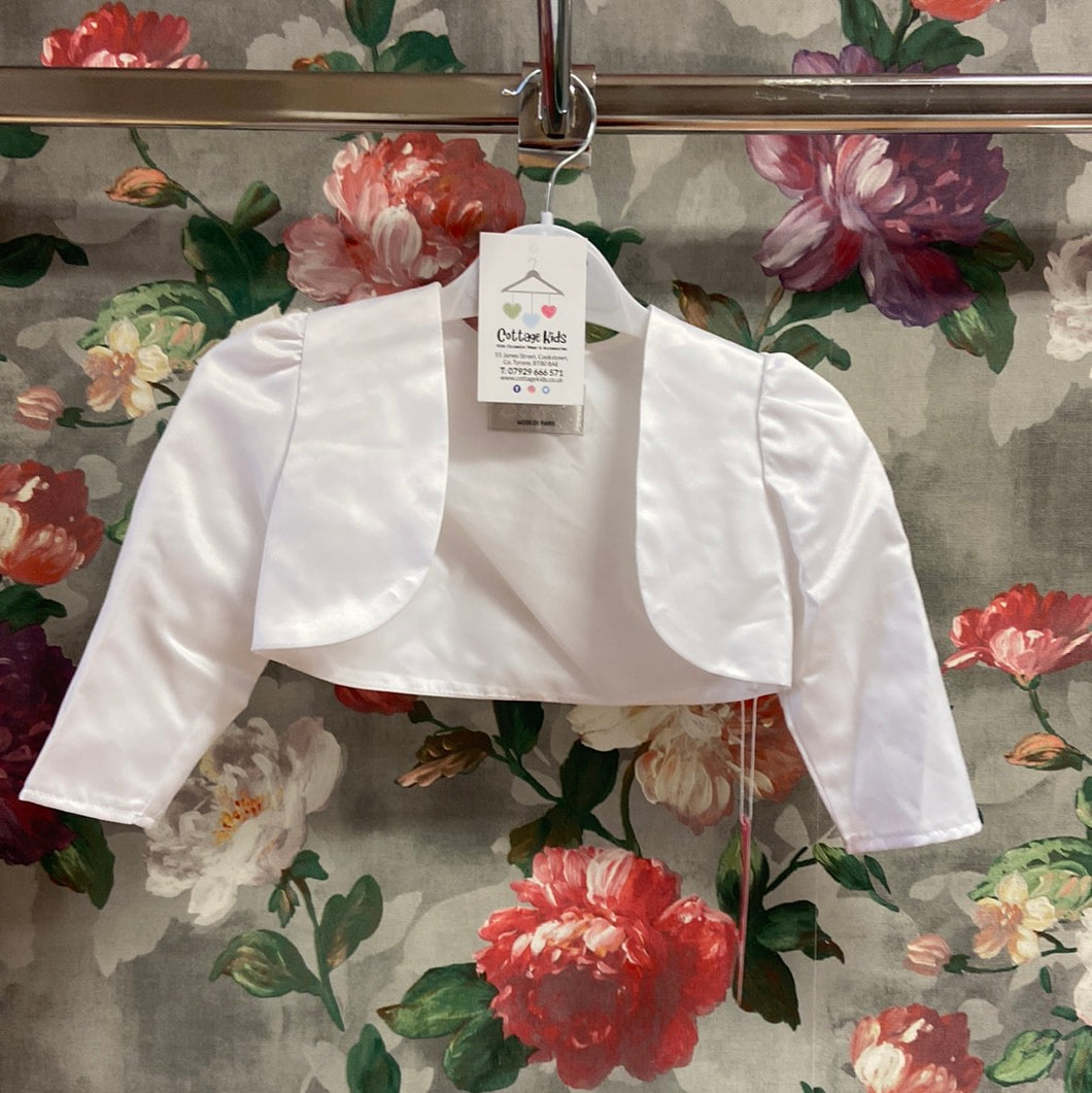 White Satin long sleeve Flower Girl and Communion Bolero