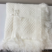 Load image into Gallery viewer, Beautiful fringed shawl with threaded  ribbon detail unisex Christening Shawl
