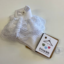 Load image into Gallery viewer, White frilly socks, Baby Girl, Younger Girl, Flowergirl, Christening, First Holy Communion
