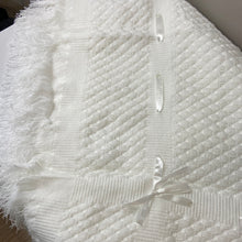 Load image into Gallery viewer, Beautiful fringed shawl with threaded  ribbon detail unisex Christening Shawl
