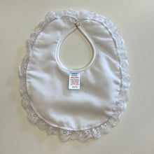 Load image into Gallery viewer, Baby girl white satin frill bib Flowergirl, Christening.
