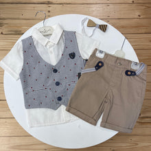 Load image into Gallery viewer, Boys Hashtag shirt, waistcoat and short with braces set 8831
